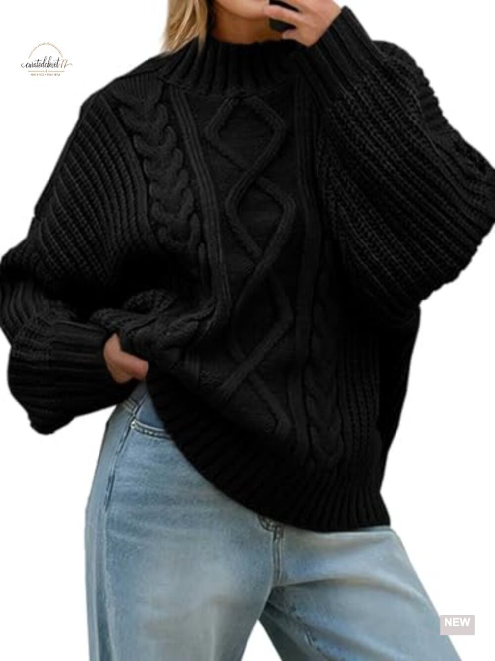 Womens Oversized Cable Knit Turtleneck Button Up Chunky Pullover Sweater